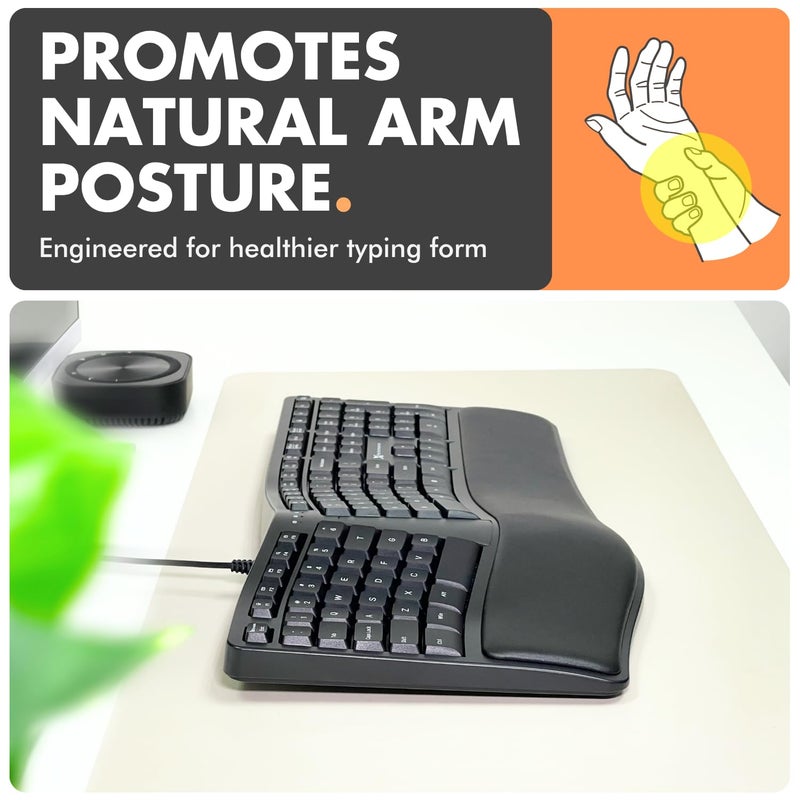 X9 Performance X9 Wired Ergonomic Keyboard with Cushioned Wrist Rest - Type Comfortably Longer - USB Wired Split Keyboard for Laptop, PC & Chrome Computer with 110 Ergo Keys & 5ft Cable - Image 3